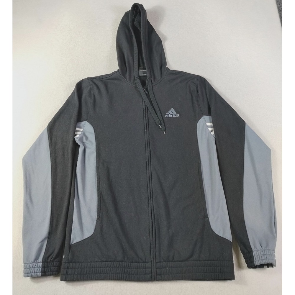 Adidas Track Jacket Mens Medium Black Gray Hooded Full Zip Fleece Lined Athletic